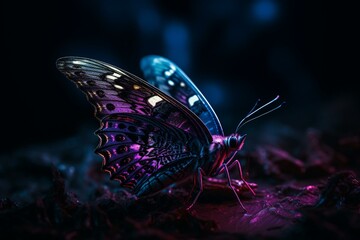 A butterfly with vibrant purple neon lights. Generative AI