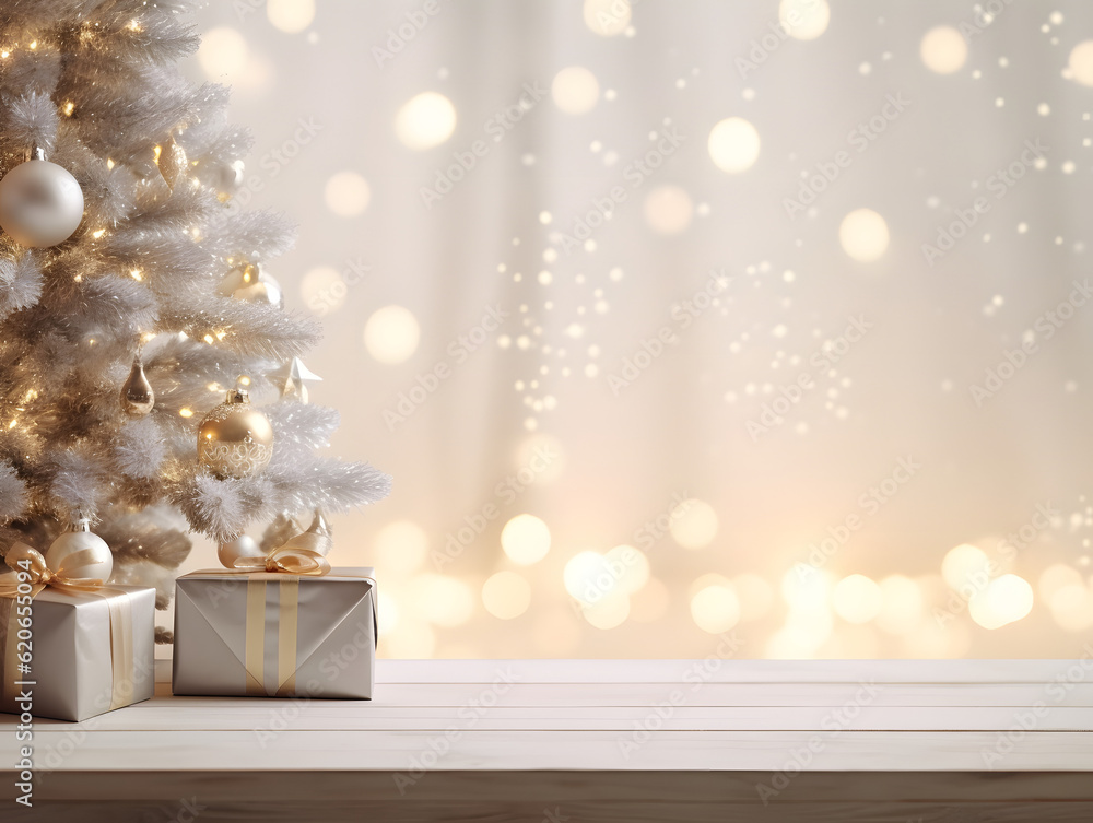 Wall mural empty white table with christmas tree blurred background for product display