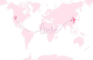 A pink airplane flying over a pink world map. Dashed route line in the form of word 