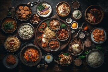 Variety of Korean dishes. Asian cuisine viewed from above in a panoramic layout. Generative AI