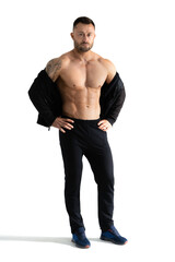 Fototapeta premium Full length man with bare muscular torso isolated on white background. Bodybuilder