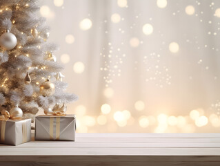 Empty white table with Christmas tree blurred background for product display
