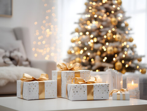 White and gold presents with blurred Christmas tree in the background