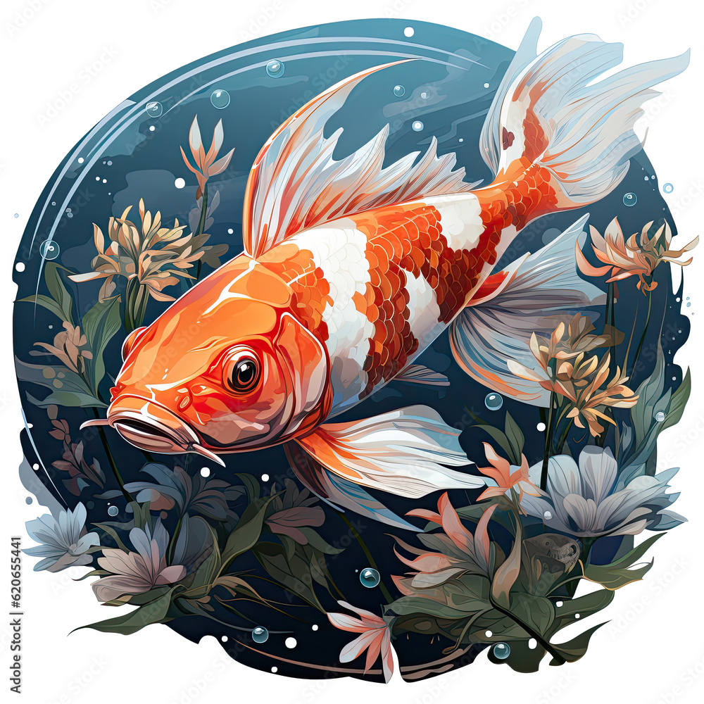 Wall mural A vibrant Watercolor Koi Clipart depicting a Japanese floral koi fish swimming gracefully in a pond surrounded by a lush bamboo forest, Generative Ai - Wall murals
