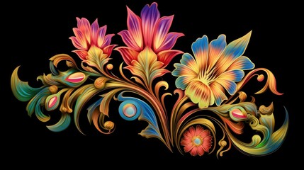 Stylized stained glass art nouveau flowers on a dark background. Generative AI
