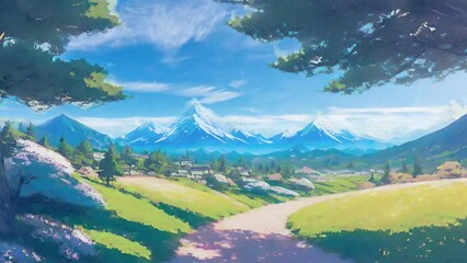 Beautiful view of the landscape road leading to the village in a japanese anime watercolor illustration design
