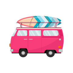 Travel car with surfboard. Tourism. Surfing. Vehicle.