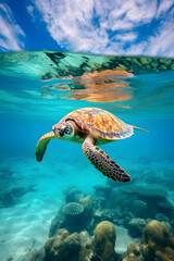 Fototapeta na wymiar Caribbean Sea Scenery With Green Turtle