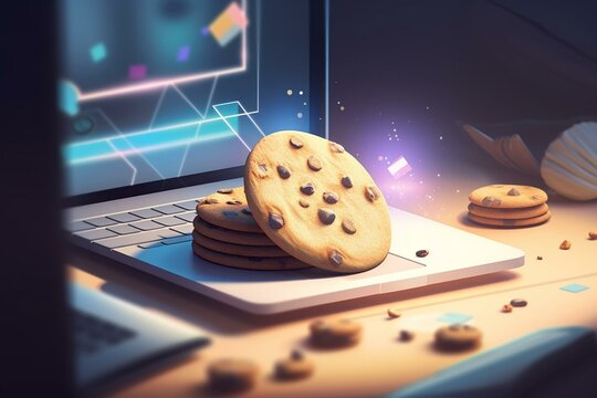 Flat illustration depicting cookie and internet web page used for personal data protection and using cookies policy. Generative AI