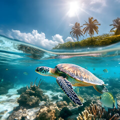 Caribbean Sea Scenery With Green Turtle