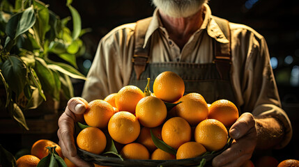 close up photorealism of Farmer holding fresh fruits in the morning. Food. Vegetables