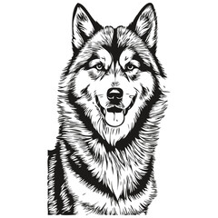 Malamute dog cartoon face ink portrait, black and white sketch drawing, tshirt print