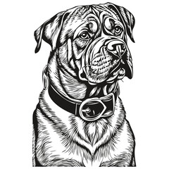 Dogue de Bordeaux dog pencil hand drawing vector, outline illustration pet face logo black and white realistic breed pet