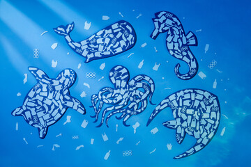 Microplastic trash planet pollution concept with marine animal