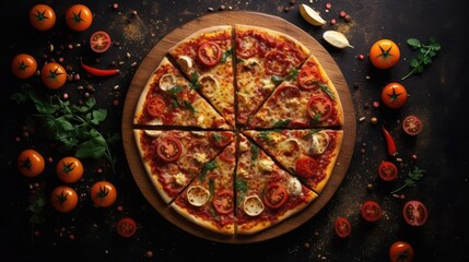 Pizza with spices Ingredients for salad on wooden background