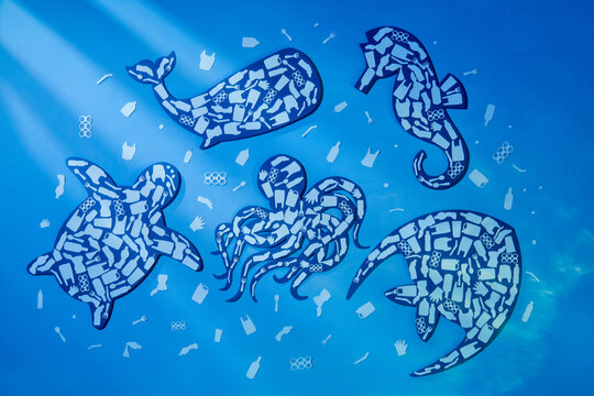Microplastic trash planet pollution concept with marine animal