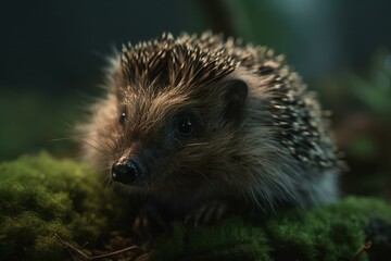 Adorable hedgehog up close against a backdrop of moss. Generative AI
