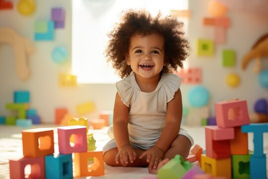 A little girl sits in her children's room between toys, generative ai