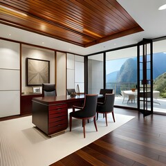 Modern Asian office interior with table, meeting room for business conference with mountain view, with outdoor balcony working area, generative AI