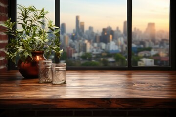 A montage display featuring a beautiful empty wooden table and blurred cityscape background. (Illustration, Generative AI)