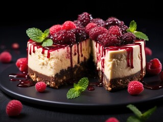 Cheesecake on dark background (generative AI)