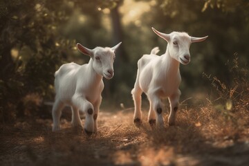 A pair of kid goats frolic outdoors in the summertime. Generative AI