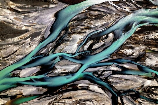 Silver and teal river braids of the Godley river