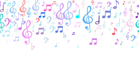 Seamless flying musical notes on white. Musical symbols for banner of festival, print design, melody recording, design back layers. Colorful musical notation symphony signs, notes for sound tune music