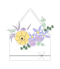 Romantic vector card with yellow anemone and purple roses in an envelope - 620659457