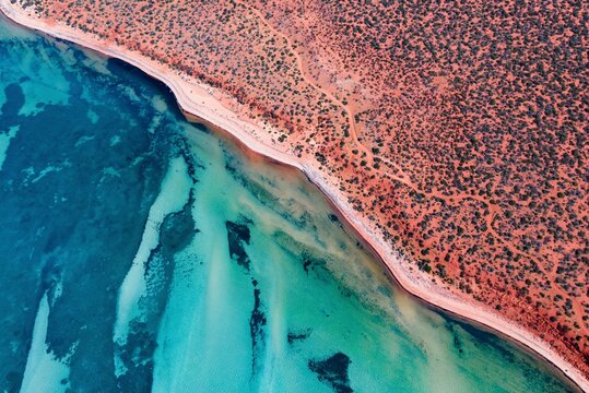 Top down abstract aerial of the desert meeting the ocean.
