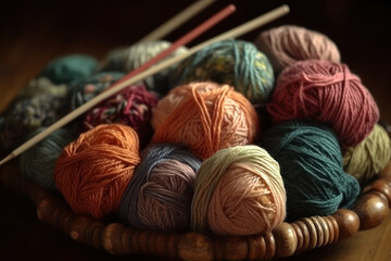 Multicolored yarn for knitting and needles, needlework and creativity concept, AI Generated