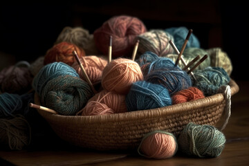 Multicolored yarn for knitting and needles, needlework and creativity concept, AI Generated
