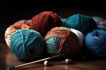 Multicolored yarn for knitting and needles, needlework and creativity concept, AI Generated