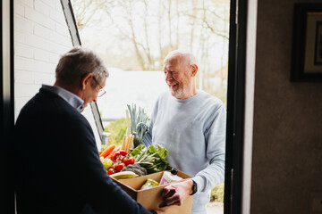Caregiver delivering groceries at home