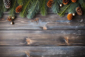  Colorful Snow and Christmas Decorations on Wooden Background - Created with Generative AI Tools
