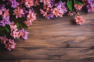 Naklejka na ściany i meble Colorful Flowers and Leaves on Light Color Wooden Background - Created with Generative AI Tools