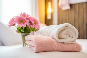 Fluffy Towels on Bed with Colorful Spa Flower - Created with Generative AI Tools