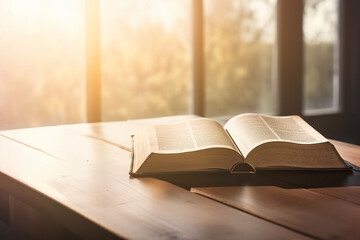 Holy Bible on Wooden Table with Soft Morning Sunlight - Created with Generative AI Tools