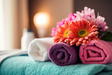 Fluffy Towels on Bed with Colorful Spa Flower - Created with Generative AI Tools