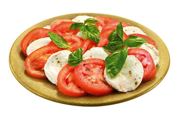 salada de tomate, queijo branco, folha de manjericão e pimenta isolado em fundo transparente