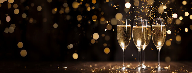 Champagne for festive cheers with gold sparkling bokeh background. Glasses of sparkling wine in front of tender bright gold bokeh. Horizontal background for celebrations and invitation cards  space
