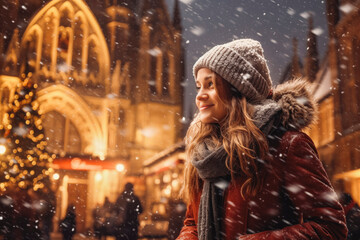 Young woman enjoying Christmas market with holiday spirit, snowy weather, winter wonderland. Generative AI