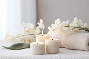 Spa Composition with Cream, Candles, and Flowers on White Table - Serene and Relaxing Ambience - Created with Generative AI Tools