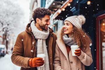 Attractive young couple having a cheerful time with hot chocolate, winter wonderland. Generative AI