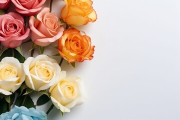 Fototapeta premium Top View of Rose Flower over Light Wooden Table - Copy Space - Created with Generative AI Tools