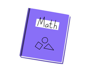 Hand drawn cute illustration of school math book. Flat vector college stationery, notebook in colored doodle style. Education or study sticker, icon. Back to school. Isolated on white background.