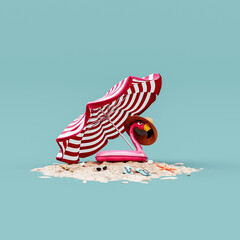 Pink flamingo inflatable with beach parasol on turquoise blue background. Summer travel concept background. 3D Rendering, 3D Illustration © hd3dsh