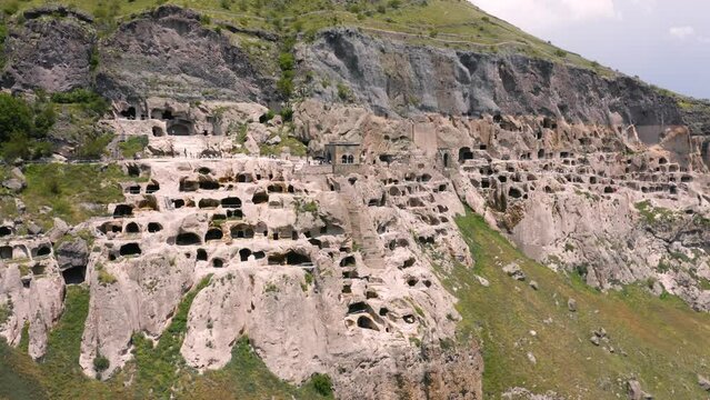Aerial view of Vardzia. It is a cave monastery site in southern Georgia