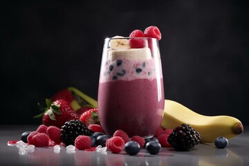 Healthy mixed berry and banana smoothie, isolated on white background. Generative AI