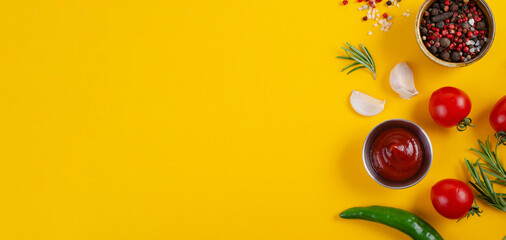 Cooking Concept with Spices and Vegetables on Yellow Background, Vegetarian Food, Background for Recipes, Top View
